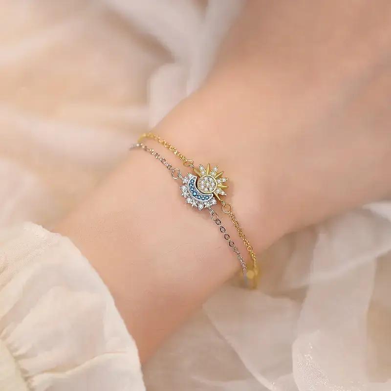 Sun and Moon Bracelets for 2 Matching Best Friend Bracelets Set Stack 14K Gold Plated Silver Charm Friendship Bracelets for Women Couples BFF Jewelry Gift