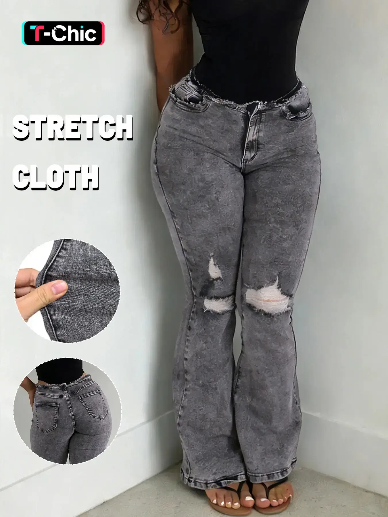 GILIPUR Y2K 2026 Women's Raw Edge Ripped Waist Jeans, Low-Waisted Elasticity Waist Flared Jeans, With Pockets, Vintage wash, Kardashian Style, Fashion, Women's Bell - Bottoms Wide - Leg Jeans, Distressed Design, Womenswear, Pants, Tchic