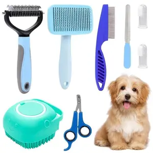 Pet Grooming Kit - 8 Counts Set with Nail Clipper, Scissors, Brushes for Dogs & Cats, Includes Hair Removal Brush & Silicone Toothbrush