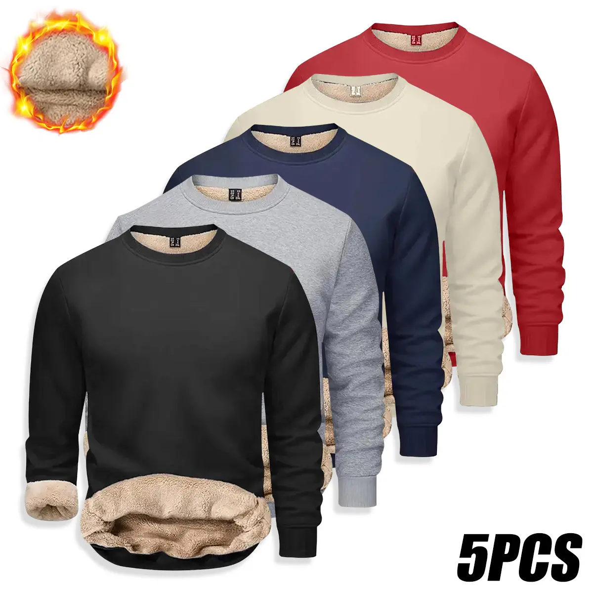 JOGWAVE Men’s 5-Pack Minimalist Solid Plain Crew Neck Polyester Pullover Top, Heat-Locking Plush Fleece-Lined Soft Interior, Ribbed Trim Relaxed Fit Long Sleeve Sweatshirt, Winter Cold Weather Office Layering Errands Top,sohochic