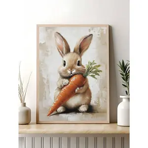 1pc Easter Bunny Print Cute Easter Rabbit Floral Spring Easter Bunny And Carrot Kids Room Wall Decor Easter Printable Vintage Decoration Rabbit Art, Bedroom Decor, Living Room Decor, Wall Art, Home Decor, Room Decor, Canvas Wall Art