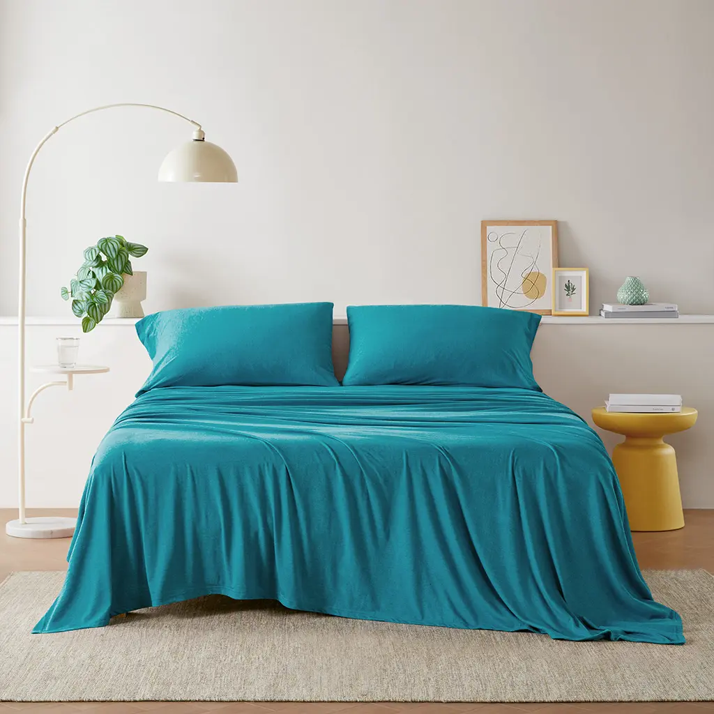 MAIN STREET Minimalist 4-Piece (4 pieces) Cotton Blend Jersey Knit Fabric Sheet Set - Twin Size, Sheet Fit for Twin Mattress, Cold Weather Suitable, Easy Care, Soft Texture for Home Bedroom Everyday Sleep