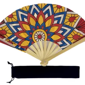 Bamboo Holographic Glow Pattern Hand Fan - Shiny Satin Fabric, 13.4" Closed, 26.6" Open, Handmade, Portable, UV Light Glow Accessory - Wall