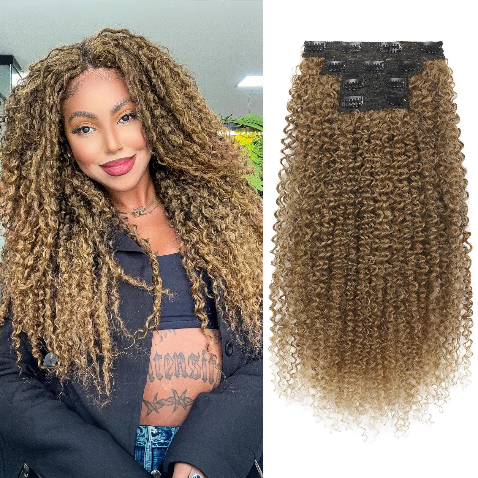 REECHO 20Inch Kinky Curly Clip-in Extensions Protein Silk 4PC Set for Women Natural Look Volume Easy Application Versatile Stylish Hair Enhancements