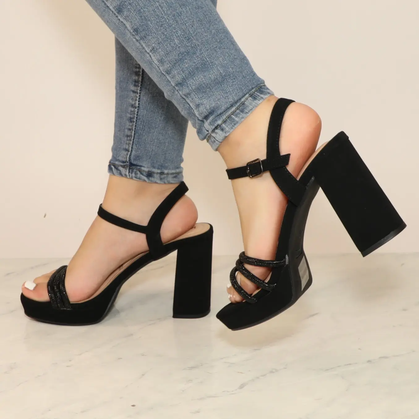 Lady high heel open toe, rhinestone embellished straps over the toe, round toe, tall block heel, and ankle strap with buckle
