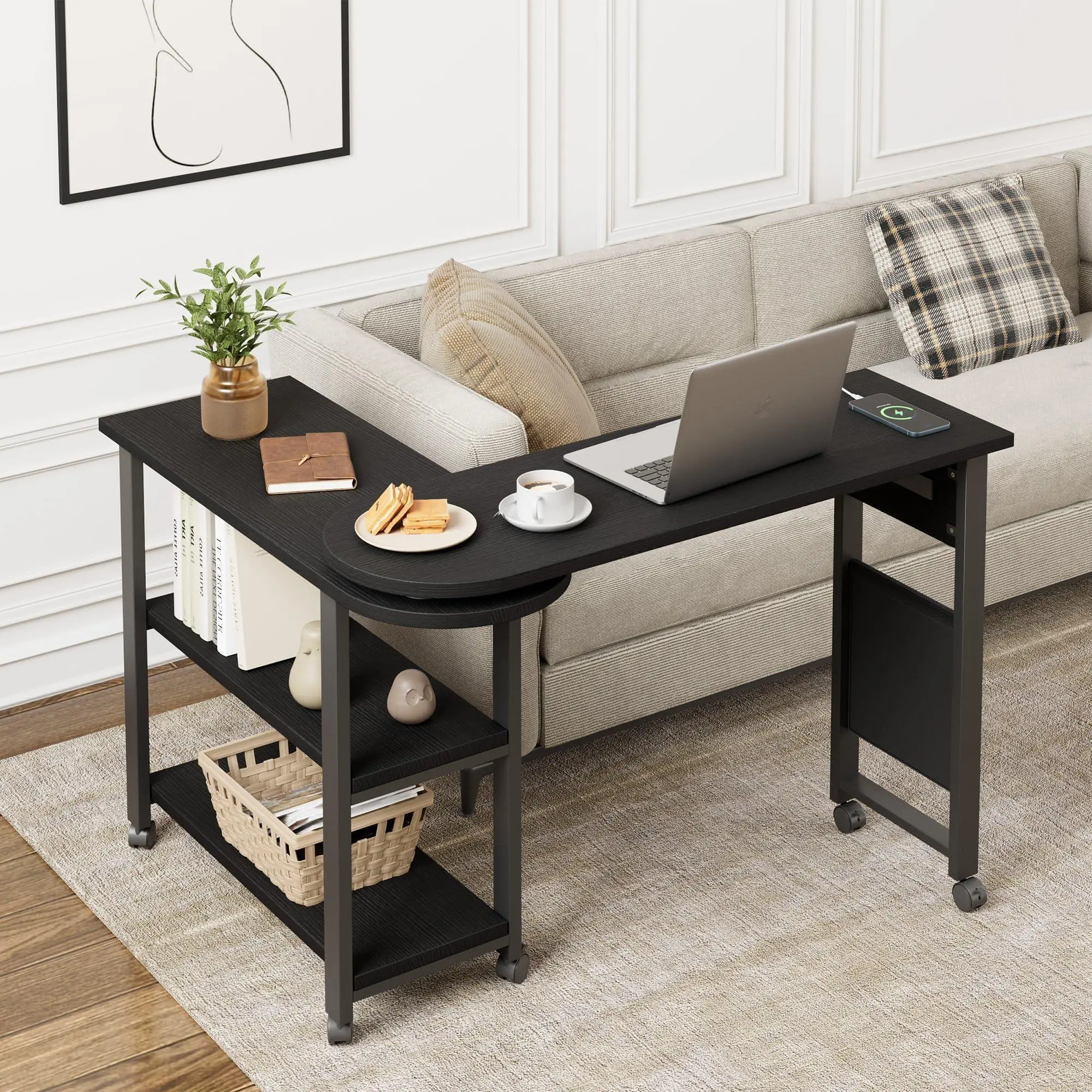 Gaomon Heavy-Duty 360° Rotation Side Table - 0.5" MDF Boards, 1.5"x0.5" Metal Frame, 6 Lockable Swivel Wheels, Charging Station with Port, Storage Bag, 150 lbs Capacity, Assembly Required, Easy Care Movable End Table for Living Room, Bedroom