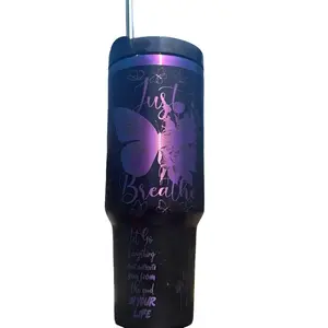 Just Breathe 40oz Tumbler Black with Iridescent Design Inspirational Quote & Butterfly Artwork Bottle Drinkware Water Bottles Cup Mug Portable Bottled Washable Reusable Stainless Straw Steel Flasks Plastic