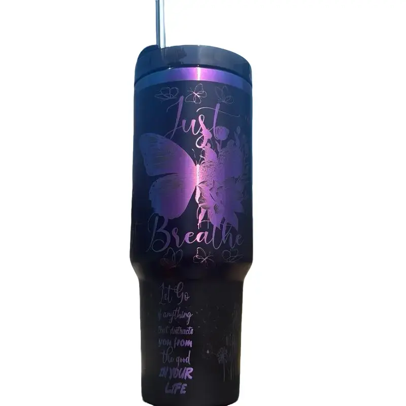 Just Breathe 40oz Tumbler Black with Iridescent Design Inspirational Quote & Butterfly Artwork Bottle Drinkware Water Bottles Cup Mug Portable Bottled Washable Reusable Stainless Straw Steel Flasks Plastic