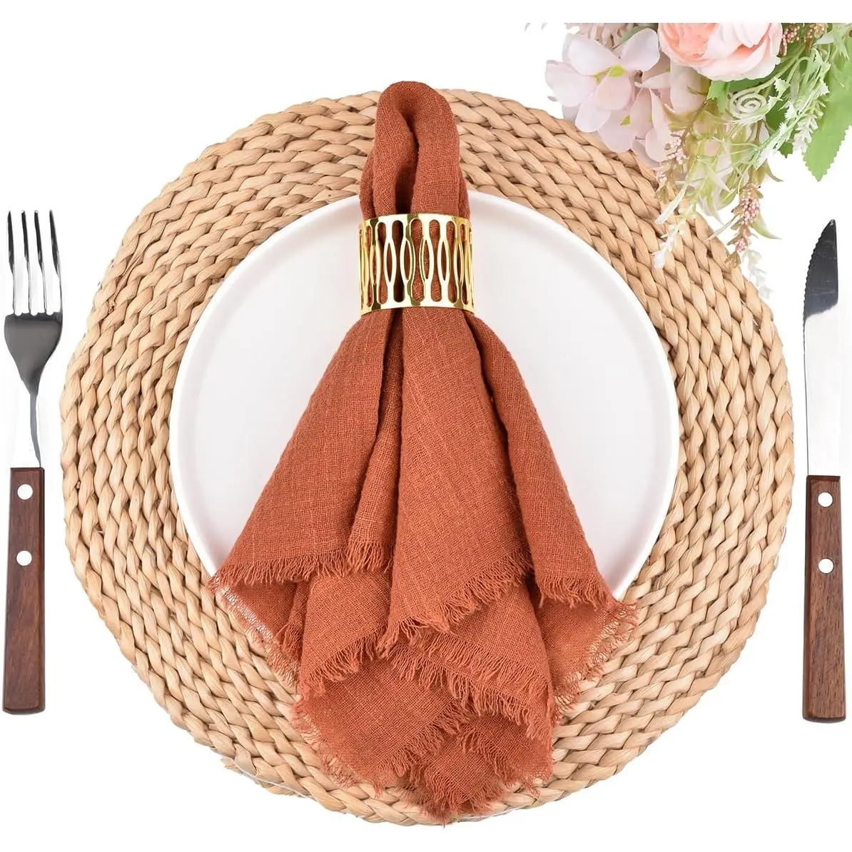 Rustic Cloth Napkins 16.5x16.5 Inches Handmade Cotton Linen Napkins with Fringe Boho Washable Dinner Napkins in Bulk for Wedding Party Easter Spring Table Decor Set of 10 Terracotta
