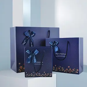 60pcs Blue Bow Paper Gift Bags, Two Sizes Available, High-Quality Gift Wrapping, Essential for Christmas, Mother's Day, and More