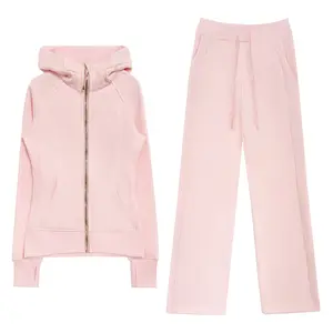 Fleece-Lined Zipper Sweatshirt Set for Women, Jacket with High-Waisted Wide-Leg Pants, Slimming, Warm, Casual Two-Piece Set for Outdoor Cycling and Fitness,Thumb Hole