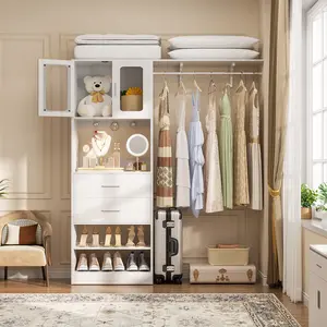 Modern 60'' W Walk-in Closet Organizer with Ample Door Storage Cabinet and 2 Wooden Drawer, Sturdy Wardrobe Closet System with Hanging Rod and DIY Shelving,