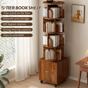 Rotating Bookshelf, 360 Degree Display 5  and 6 Tier Corner Bookshelf with Drawer for Small Space, Floor Standing Bookcase Storage Rack, Wood Narrow Organizer for Bedroom, Living Room