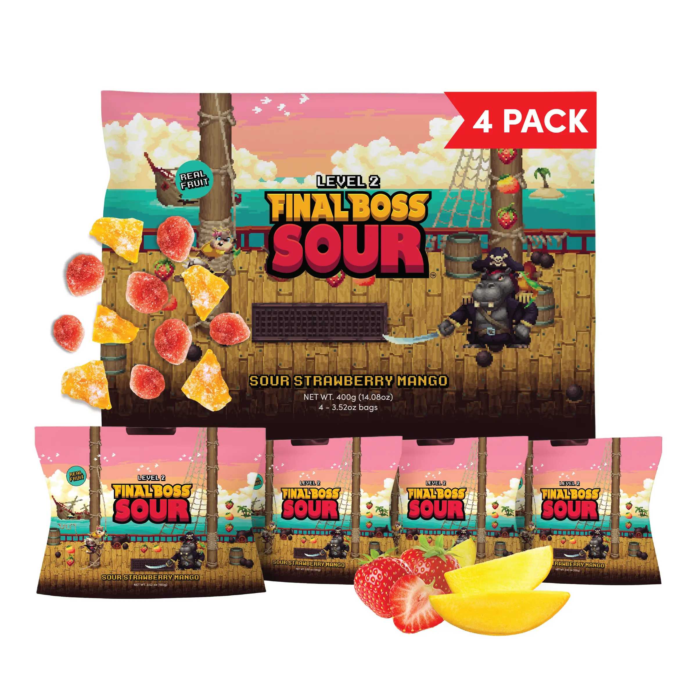 Final Boss Sour - Level 2 Sour Strawberry & Mango – 4-Pack Real Fruit Sour Snack (3.5oz Pouches)
