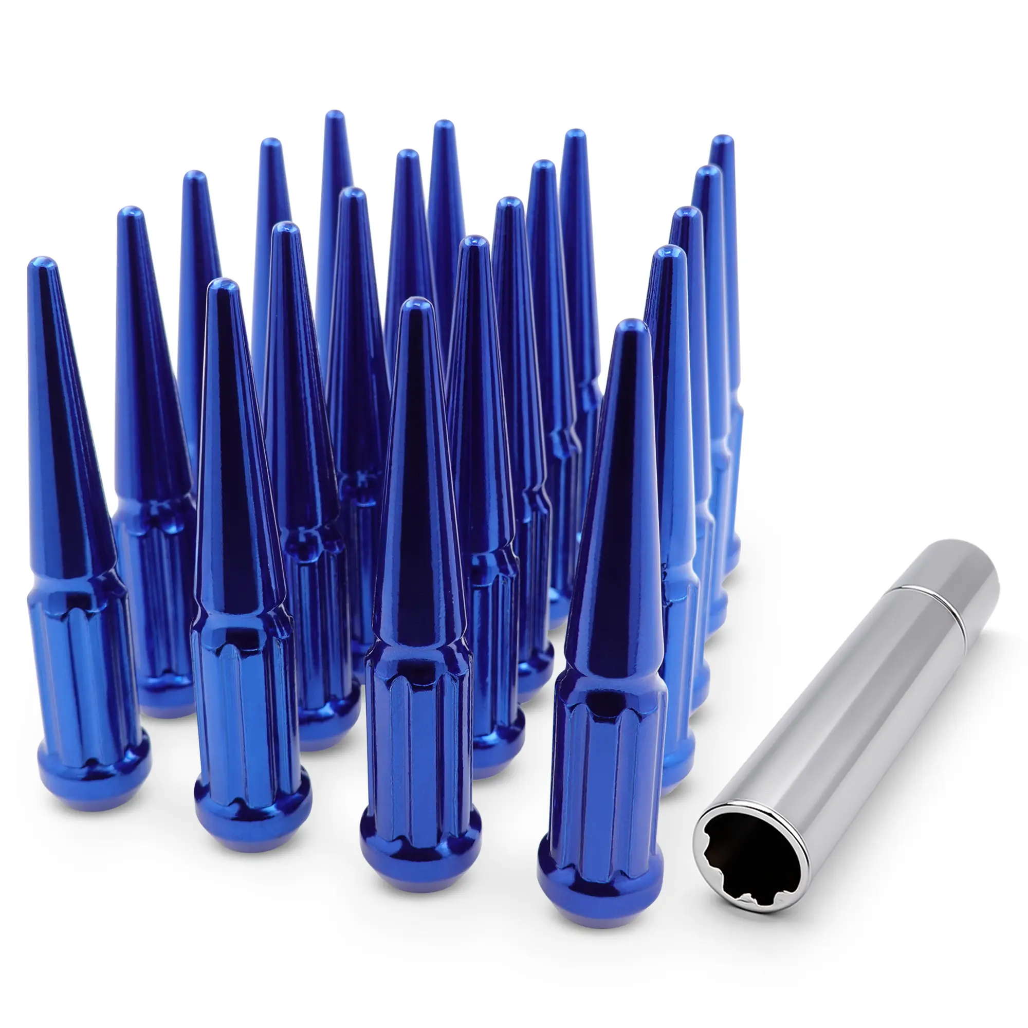 EZACCESSORY 14x1.5 Blue Spline Spike Lug Nuts Bulge Acorn with Key