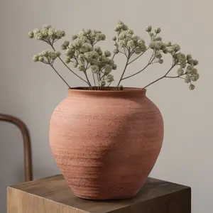 Rustic Terracotta Ceramic Vase, 6.7" Wabi-Sabi Clay Flower Vase, Handmade Pottery Vase for Dried Flowers, Boho Farmhouse Table Centerpiece for Entryway, Shelf, Nightstand Decor