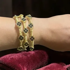 Black Clover Bangle Handmade in Brass with Elegant Floral Design for Women's Fashion