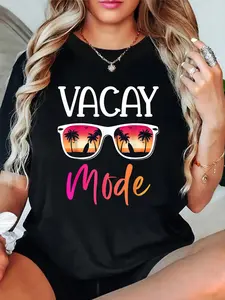 100% Cotton T shirts Vacay Mode Funny Sunglasses Summer Vacation T-Shirt Breathable & Comfort Fit Tee Women,Short Sleeve Crew Neck Top for All Seasons,Graphic Tees Women Tops