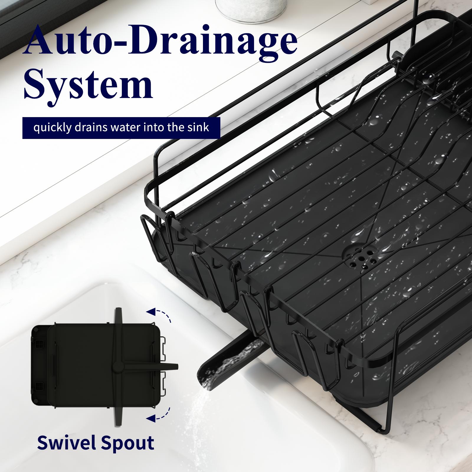 Black Expandable Dish Drying Rack Over Sink, Adjustable Iron Spray Coated Dish Rack with Drainboard, Large Capacity Kitchen Organizer for Plates Bowls Utensils, Space Saving Sink Rack Storage Holder