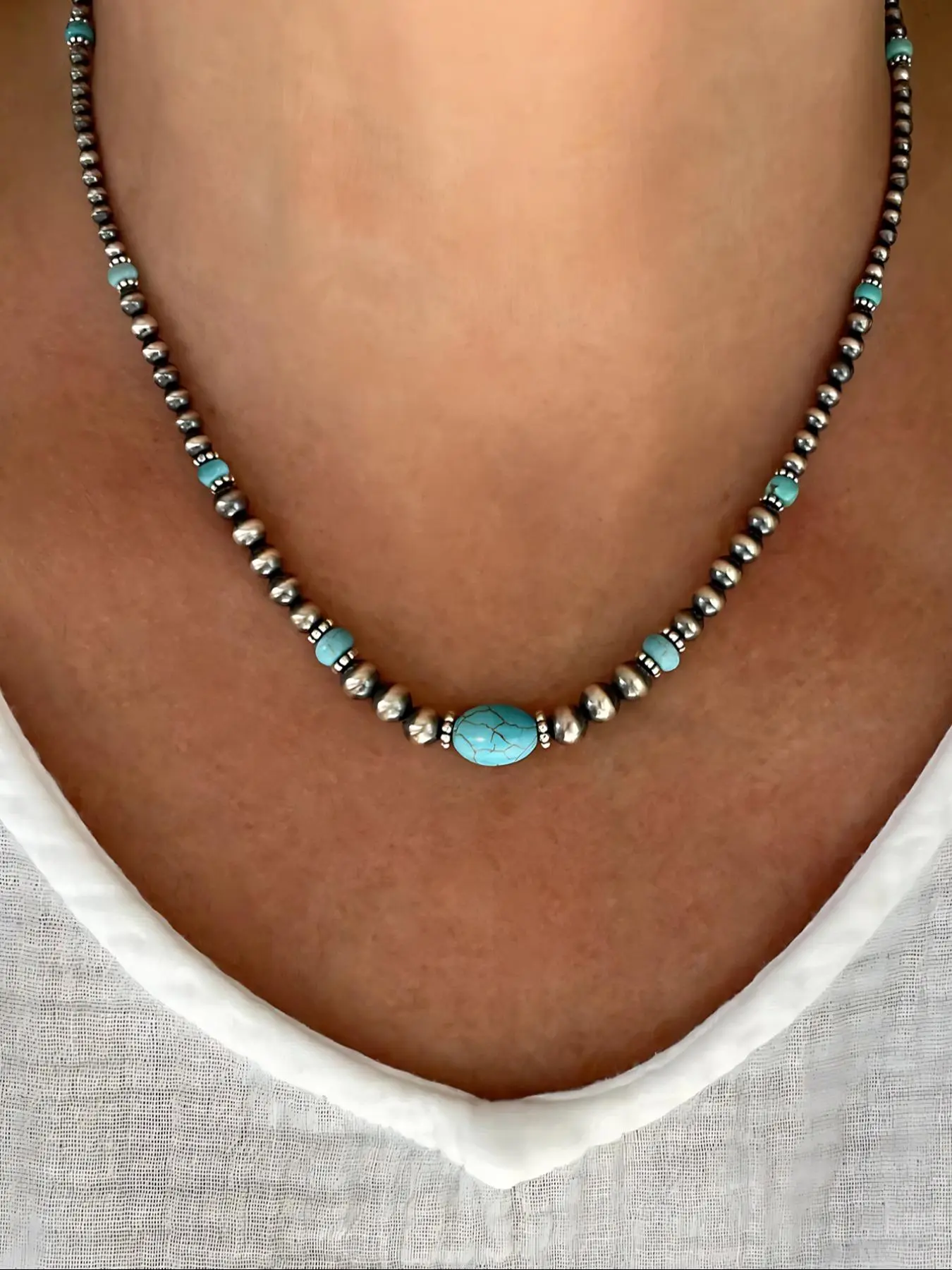 Boho Style Turquoise Decor Beaded Necklace & Dangle Earrings, Vintage Trendy Jewelry Set, Fashion Accessories for Women