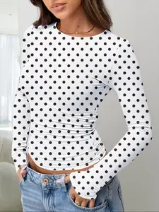 Women White Polka Dot Long Sleeve Slim Fit Top Round Neck Stretchy Blouse French Chic Vintage Style Casual Fashion Chic Y2K Streetwear Elegant Ruched Lightweight Fitted Shirt for Spring Fall Everyday Outfit