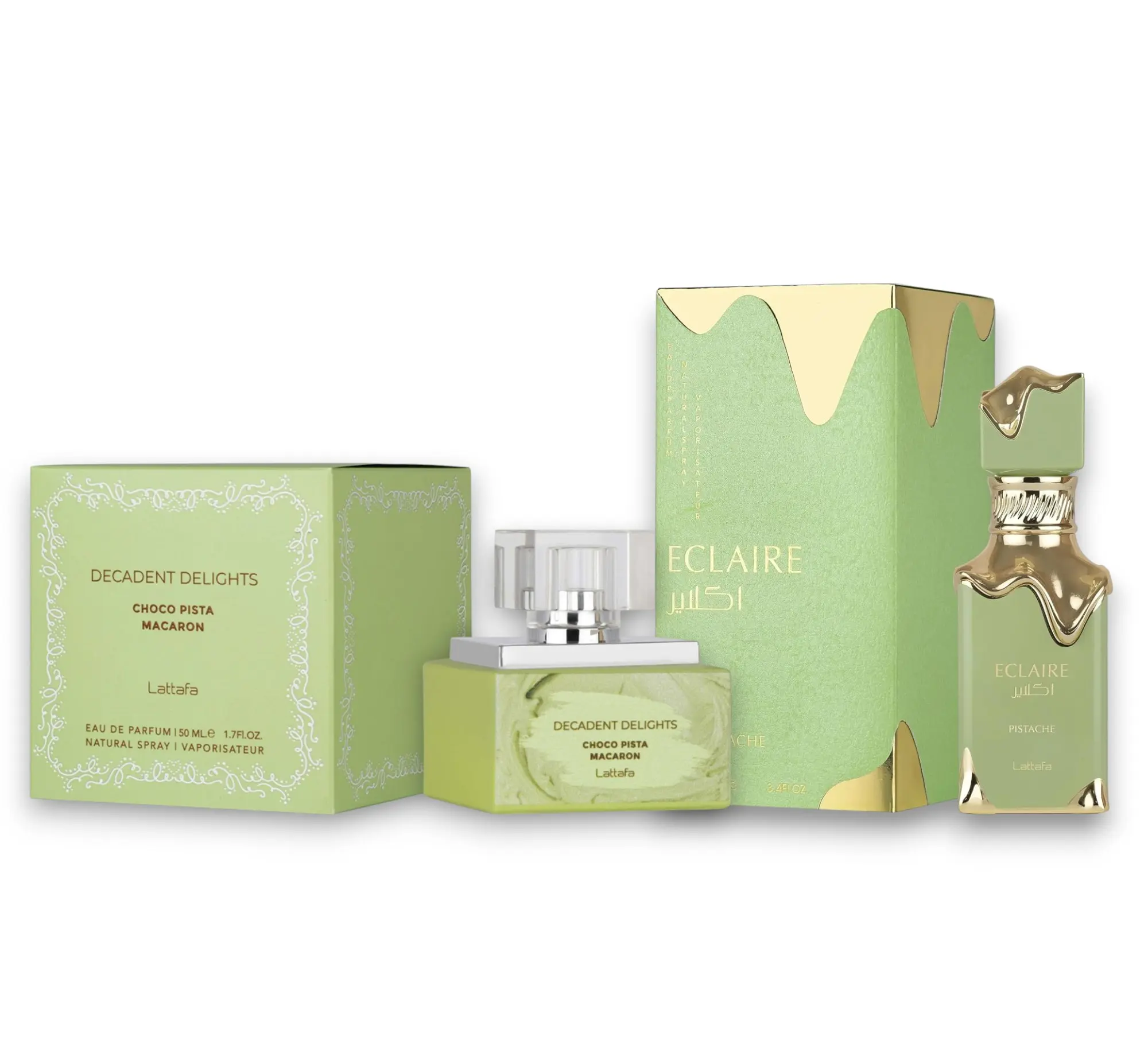 Lattafa Eclaire Pistache + Choco Pista Macaron Unisex Eau De Parfum, 100 ML Alcohol-Based Fragrance Tok Sweet Scents with Pistachio, Chocolate Ganache & Vanilla Notes (Multi-Pack)