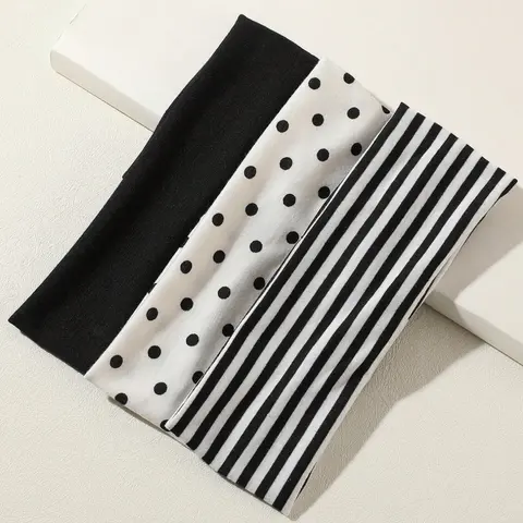 3pcs Black & White Polka Dot + Striped Elastic Sweatband, Suitable For Daily Life, Yoga, Workout, Travel, Women Hair Accessories Sports Headbands For Women Fashion Head Wrap, College Autumn Accessories Women Hair Zigzag Headband Workout Hairband