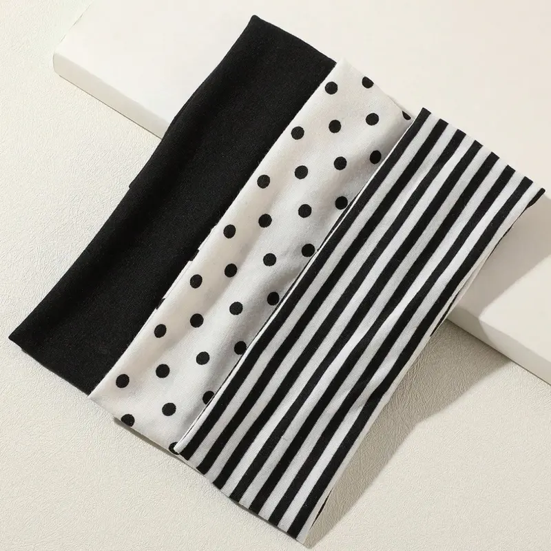 3pcs Black & White Polka Dot + Striped Elastic Sweatband, Suitable For Daily Life, Yoga, Workout, Travel, Women Hair Accessories Sports Headbands For Women Fashion Head Wrap, College Autumn Accessories Women Hair Zigzag Headband Workout Hairband