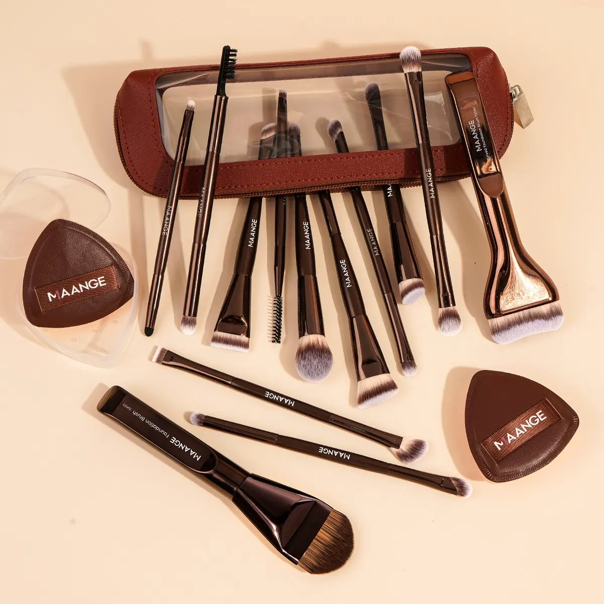 Maange 16-Piece Makeup Tool Set, Face Brush Set, Includes 13 Brushes, 2 Puffies, Metal Frame, Ideal for Home and Travel, Professional Makeup Kit, Cosmetic Tools, Cosmetics Makeup Tools