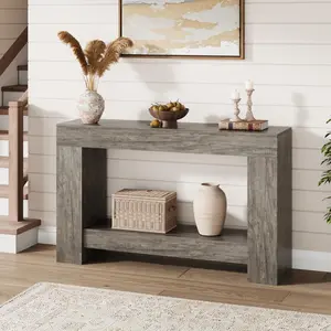 Farmhouse Console Table for Living Room, Long Console Table for Entryway, 2-Tier Large Sofa Table with Storage, Entryway Entry Table for Entrance, Hallway, Dark Gray, 47"