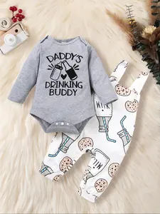 Two-Piece Set Baby's Graphic Button Long Sleeve Bodysuit & Jumpsuit Set, Cute Cartoon Print Two-Piece Outfits For Baby Boys & Girls, Newborn Infant Kid's Fall & Winter Clothes, Baby Clothing