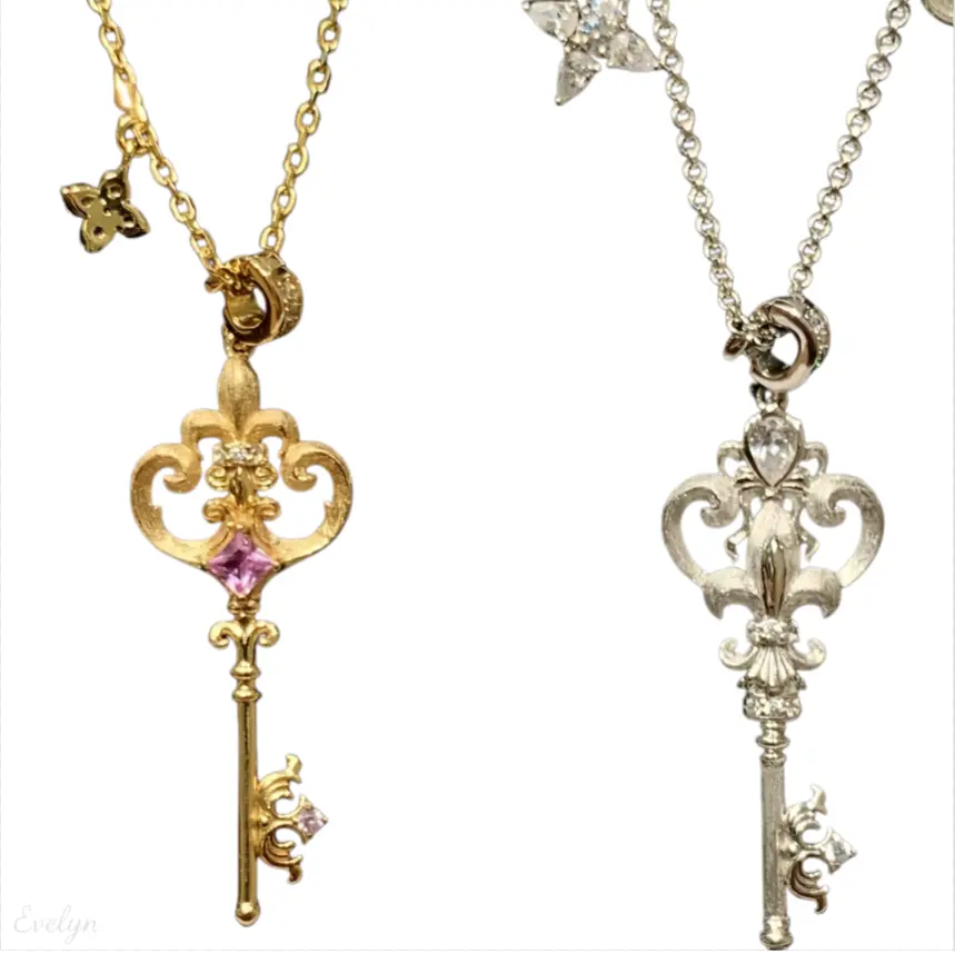 Vintage Fleur De Lis Key Pendant Necklace, Sparkling CZ Crystal Key Chain Necklace, Dainty Gold Silver Two Tone Layering Jewelry for Women Daily Wear