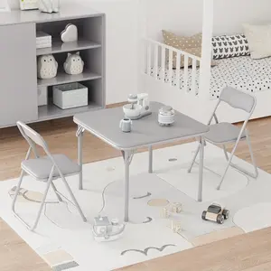 Grey-Boys and Girls Folding Table and Chair Set of 3, Featuring a Portable Table and Chairs with Soft Pu Cushions. No Assembly is Required, Perfect for Eating, Reading and Playing, Grey. vanity