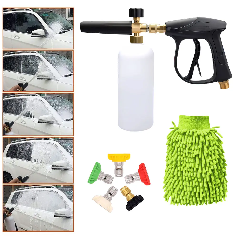 Car Wash Kit Foam Washer Gun with 1/4 Inch Quick Connector Car Wash Lance Cannon Spray Pressure Jet Bottle 1L Capacity 300BAR Max Pressure 2 Gloves for Most Vehicles, Car Foam Sprayer, Suitable For Cars