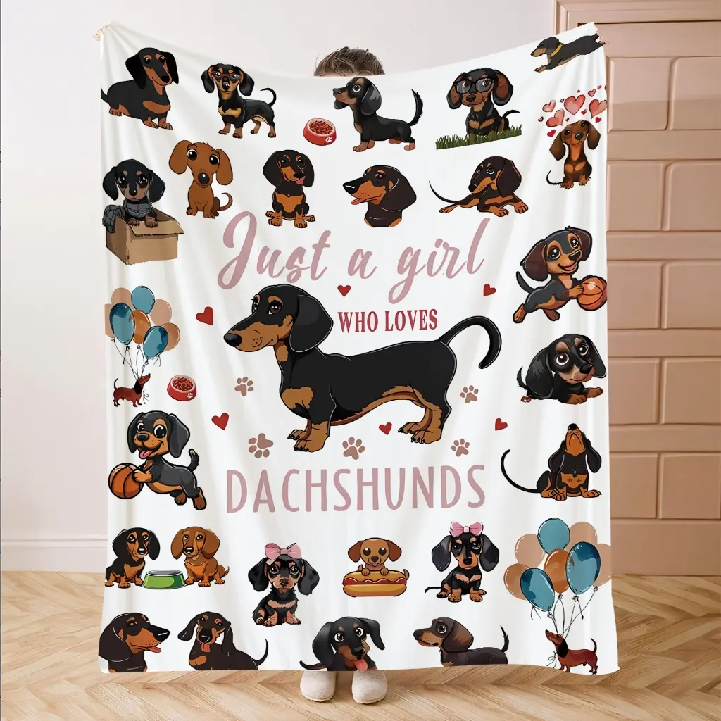 Cozy Sausage Dog Print Flannel Blanket, Soft Warm Reversible Design, Perfect for Sofa Bed Office Travel, Blankets for Sofa, Blanket for Couch, Throw Blanket, Heartwarming Blanket Gift, Great Gift for Dog Lovers, Heartfelt Gift Blanket