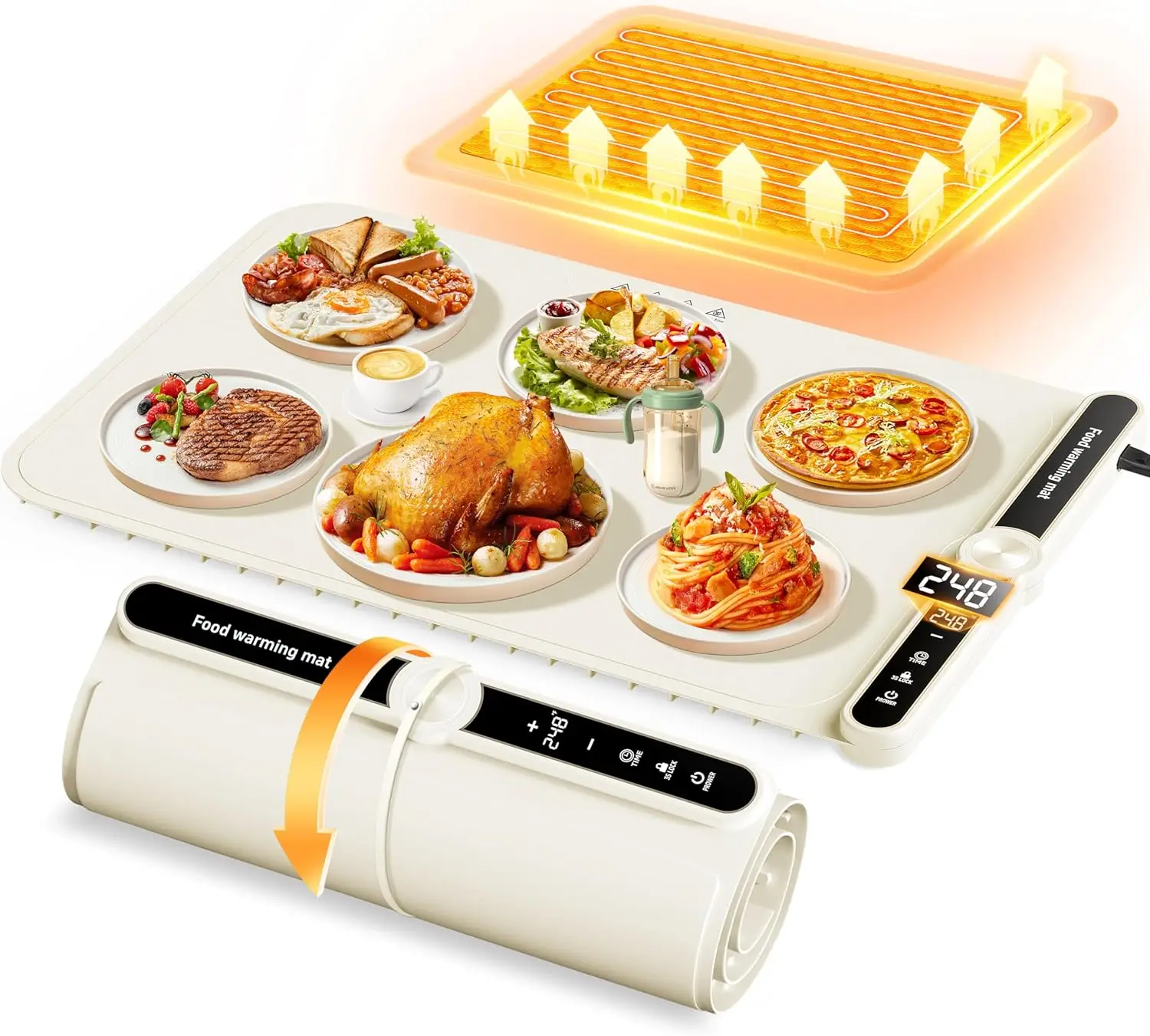 Electric Food Warming Mat with 9 Temperature Levels & 6-Hour Timer, Faster Full Surface Heating Mat, Roll Up Food Warmer for Holiday Parties & Buffets