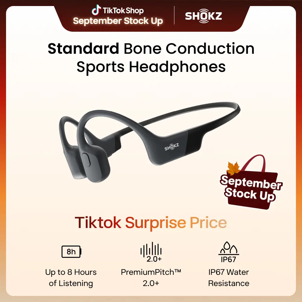 SHOKZ OpenRun Bone Conduction Open-Ear Bluetooth Sport Headphones Open ear comfort; Lightweight & Secure fit; IP67 water resistance; 8H battery; Running/Cycling