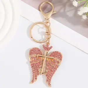 Angel Wings Cross Water Drill Keychain, Creative Rhinestone Pendant, Fashionable Car Key Ring, Women's Bag Charm, Elegant Gift, Metal Anti-Loss Key Loop, Fashionable Alloy Keychain