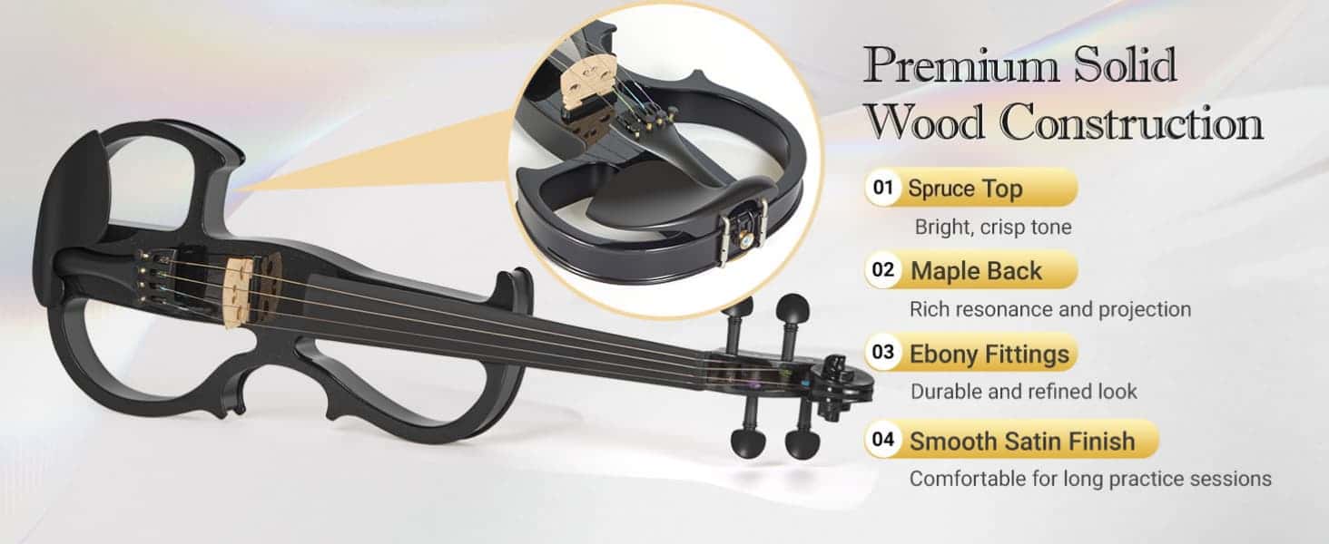 Electric Violin for Beginners - Solid Maple & Spruce, Ebony Fittings, Carbon Fiber Tailpiece, Full Size 4/4 (Black)