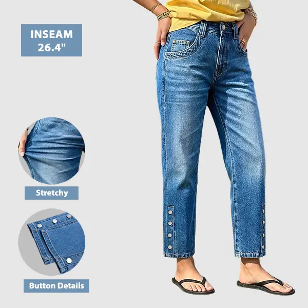 Flamingals Wash Button Detail High Waist Straight Leg Cropped Jeans Womenswear Stretchy 26.4" Inseam
