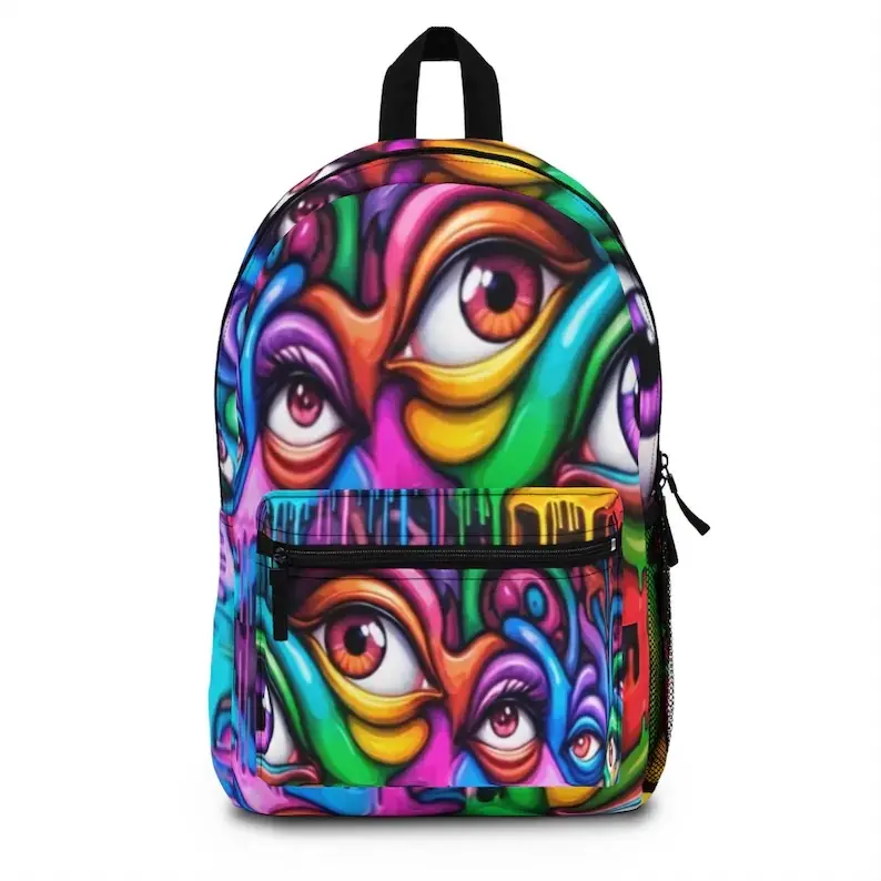 Vibrant Cosmic Eyes Backpack, Unique Art Backpack, Colorful School Bag, Trendy Tote, Psychedelic Travel Gear