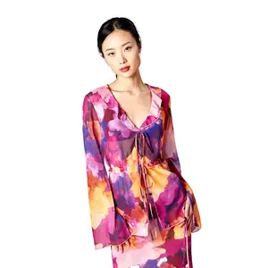 Chiffon Watercolor Long Sleeve Ruffle Blouse with Ties