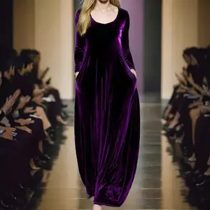 Autumn Winter Velvet Long Dress Round Neck Long Sleeve Elegant Velvet Gown Formal Womenswear Basic Minimalist Black Evening Elegance