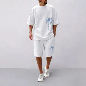 Men's 2-Piece Spring-Summer Palm Tree Print Checkered Fabric Set - Short-Sleeved Shirt & Drawstring Shorts, Casual Outfit for Everyday Wear & Sports Activities