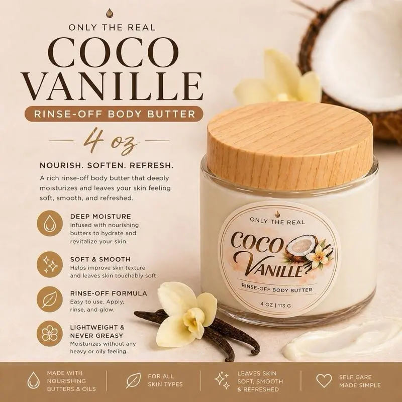 Only The Real Coco Vanille Rinse-Off Body Butter Moisturizer, 4 oz Alcohol-Free Coconut-Based Almond Body Butter for Dry Skin, Silky Deep Hydration Formula, 12-Month Shelf Life, Brightening Radiant Boost, Alcohol-Free Body Butters
