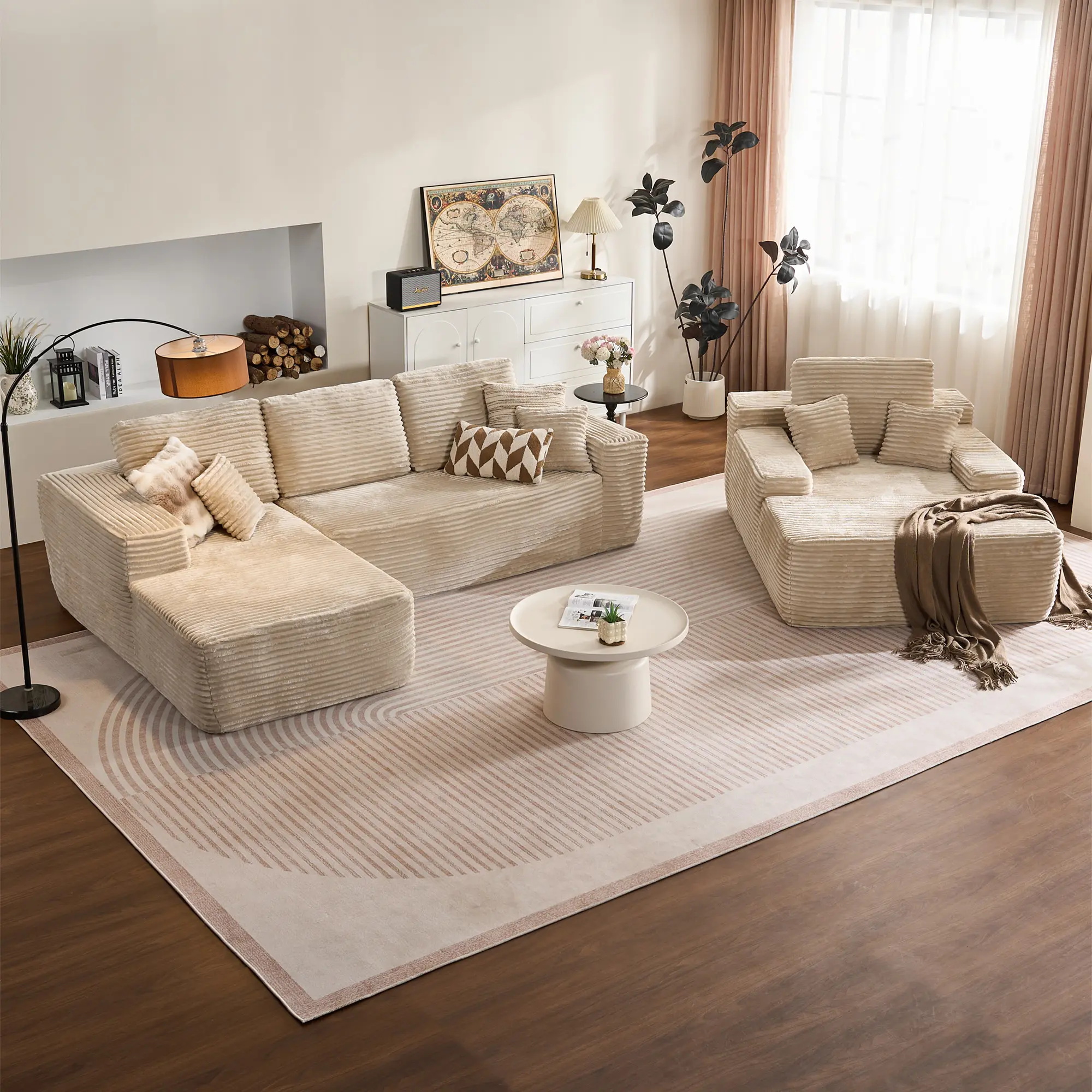 Beige Plush Corduroy Left Chaise+Sofa Bed