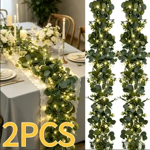 2 Packs 6 Feet Lighted Eucalyptus Wreath |   Green Floral Wreath Decoration, Artificial Eucalyptus Leaf Green Vine, Suitable for Dining Table, Wedding Centerpiece and Background Decor, Warm Light, Plastic Material, Dry Battery Powered