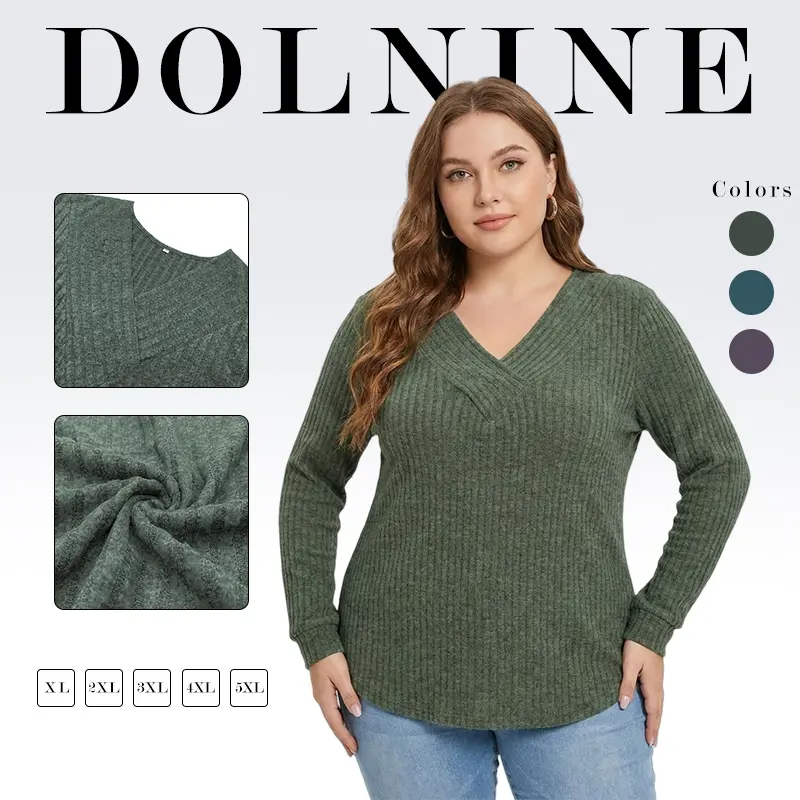 Womens-Plus-Size-Tops Trendy V Neck Casual Long Sleeve Shirts Lightweight Knit Sweaters Cute Pullover Tunics Blouses VPS0226