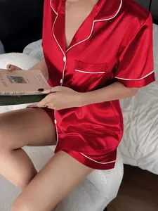 Women's Silk Sleepwear Set, Short Sleeve Homeewear, Soft Button Front, 2-Piece Satin Pajamas with Shorts, Spring & Fall