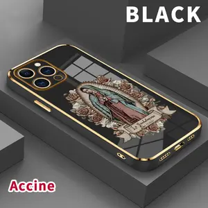Mobile Phone Case for iPhone 16 15 14 Pro Max 13 12 11 XR XS Plus Virgin Mary Luxury Golden Edge Electroplating TPU Camera Lens Protector Smartphone Cover Protection Casing